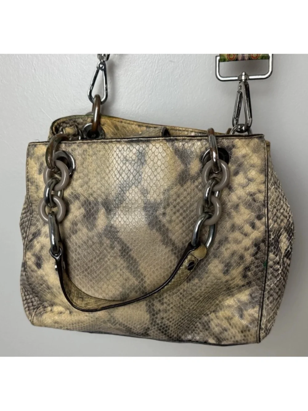 Michael Kors Satchel Brown Python Embossed Leather with 2 Charms - Picture 3 of 9